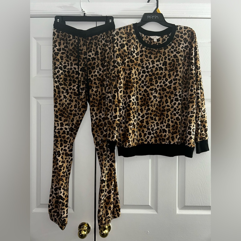 Secret Treasures Women's Leopard Print Velour Top and Joggers, 2-Piece Set
